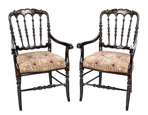A Pair of Victorian Black and Gilt Painted Armchairs Height 36 inches.