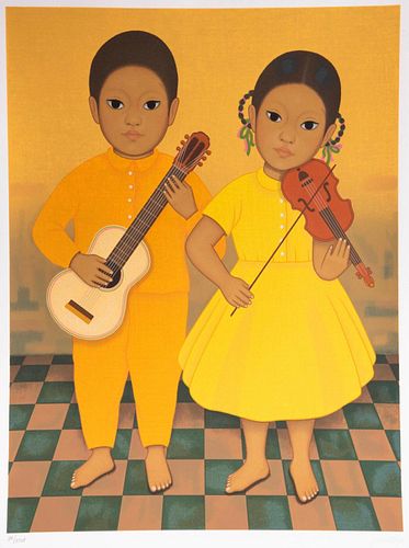 Gustavo Montoya (Mexico, 1905-2003) Musicians/Musicos, lithograph. 27 x 21 1/4 in.