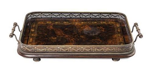 An English Burl Walnut and Silverplate Serving Tray Length over handles 21 inches.