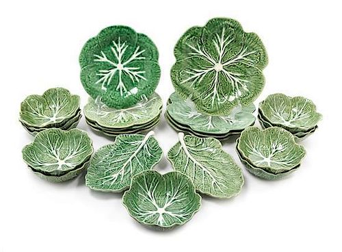 A Group of Thirty-Four Portuguese Majolica Cabbage Leaf Service Articles Diameter of bowl 6 7/8 inches.