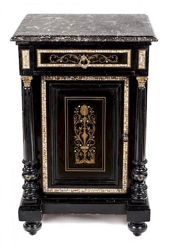 A Victorian Mother-of-Pearl and Brass Inlaid Night Cabinet Height 32 x width 21 x depth 17 inches.