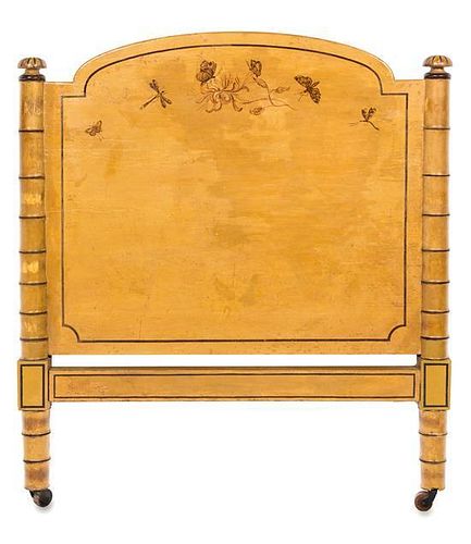 A Pair of Regency-Style Ochre-Painted and Faux Bamboo Single Beds Height 48 x width 40 1/2 inches.