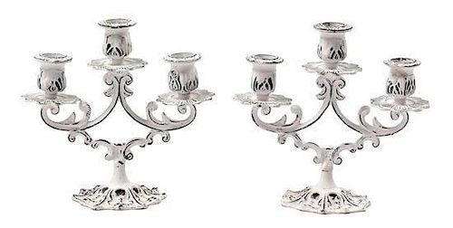 A Pair of Painted Cast Metal Three-Light Candelabra Height 6 1/2 inches.