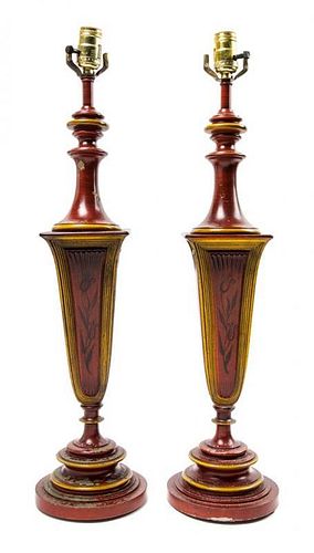 A Pair of Scarlet and Gilt-Decorated Tole Lamps Height 32 inches.