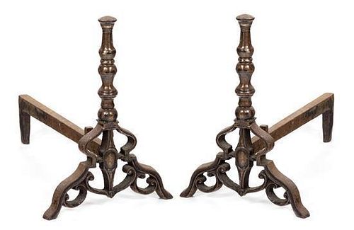 A Pair of Baroque Style Silvered Steel Andirons Height 15 inches.
