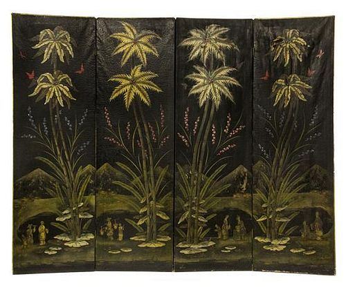 A Painted Leather Four-Panel Screen Height 75 x width 23 inches (each panel).