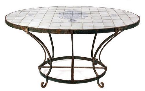 A Tiled and Patinated-Metal Center Table Height 33 x width 62 x depth 38 inches.