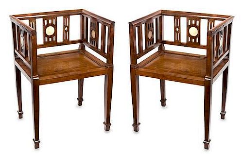 A Pair of Marble-Inset Hardwood Armchairs Height 30 inches.