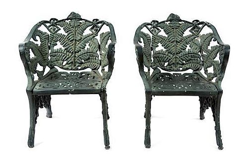 Two Green-Painted Metal Garden Chairs Height 30 inches.
