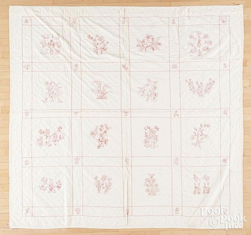 Embroidered quilt, early 20th c., 81'' x 82''.
