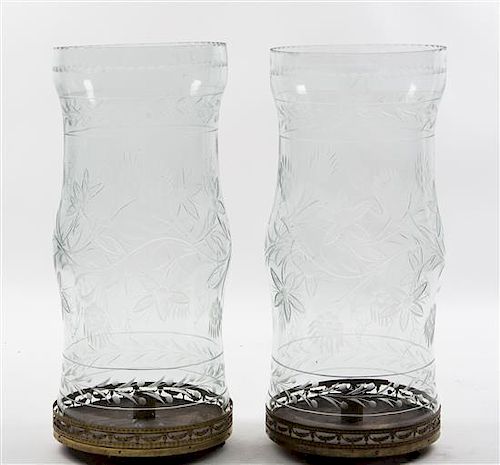A Pair of Large Etched Glass Hurricanes Height 21 inches.