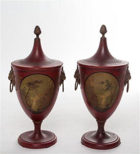 A Pair of Continental Painted Tole Urns Height 12 1/4 inches.