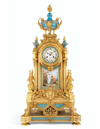 Magnificent Large 19th C. Sevres Gilt Bronze & Porcelain Mantle Clock