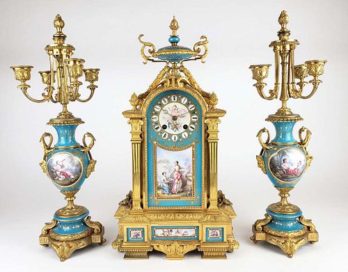 19th C. Sevres Porcelain Jewelled & Gilt Bronze Clockset