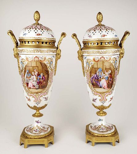 Pair of 19th C. Sevres Porcelain and Bronze Lidded Vases