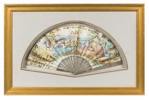 * A French Silver and Painted Silk Fan Width overall 23 inches.