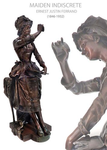 19th C. Important Original Bronze Maiden Indiscrete Ernest Justin Ferrand French