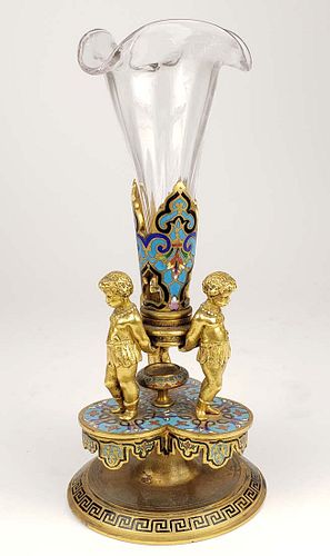 19th C. French Champleve Enamel & Bronze Figural Vase