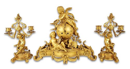 19th C. Magnificent French Gilt Bronze Figural Clockset