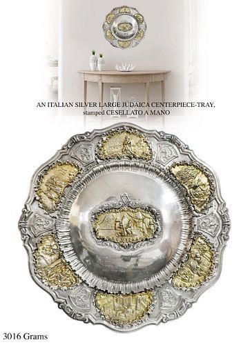 An Italian Judaica Sterling Silver Large Centerpiece Tray Stamped Cesellato A Mano