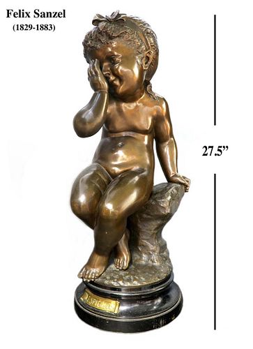 FELIX SANZEL (1829-1883) Large Bronze Figure of Girl L'ESPIEGLE, French