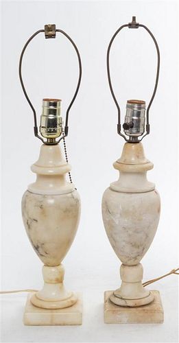 A Pair of Italian Alabaster Table Lamps Height 19 1/2 inches.