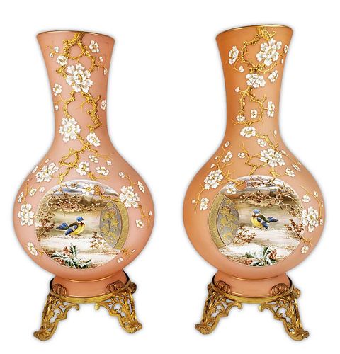 Pair of 19th C. Baccarat Opaline & Bronze Vases