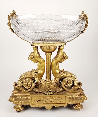 Large 19th C. French Gilt Bronze & Baccarat Crystal Centerpiece