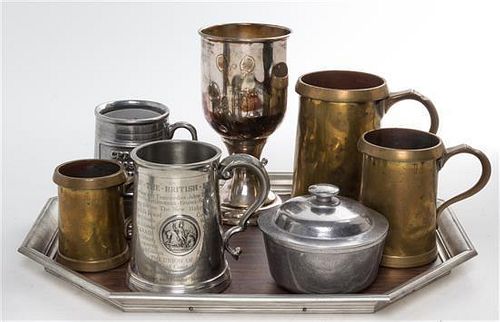 * A Group of Pewter Mugs and Vessels Length of tray 17 3/4 inches.
