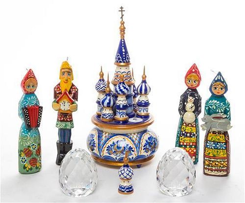 * A Group of Seven Russian Decorative Articles Height of music box 7 7/8 inches.