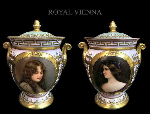 Pair of 19th C. Royal Vienna Iridescent Painted Porcelain Vases w/ Lid