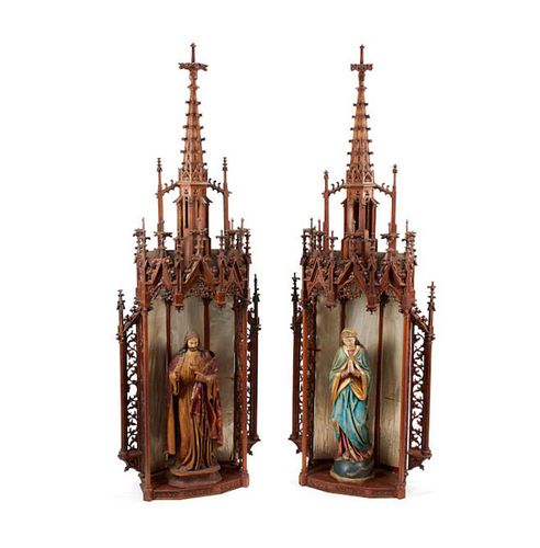 Pair of Monumental 19th C. Gothic Polychrome Decorated Figures of the Virgin & Christ within Carved
