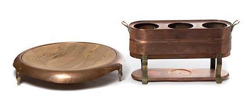 * Two Copper Serving Articles Diameter of tray 21 1/2 inches.