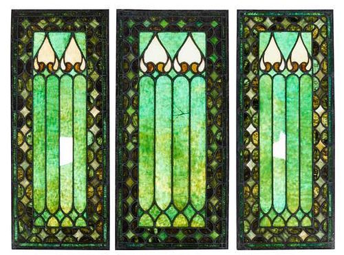A Set of Three Leaded Glass Windows Height of largest 33 3/4 x 16 inches.
