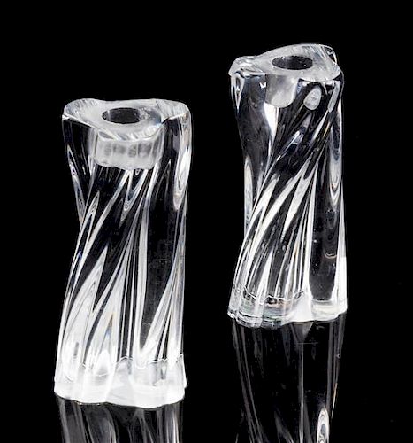* A Pair of Baccarat Glass Candlesticks Height 6 inches.