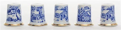 Five Blue and White Porcelain Thimbles Height of first 1 1/4 inches.