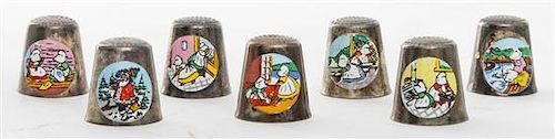 Seven Downs Enameled Silver-plate Thimbles Height of first 7/8 inch.
