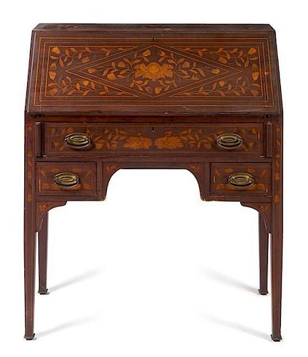 * A Dutch Marquetry Fall Front Writing Desk Height 30 1/2 x width 44 x depth 17 1/4 inches.