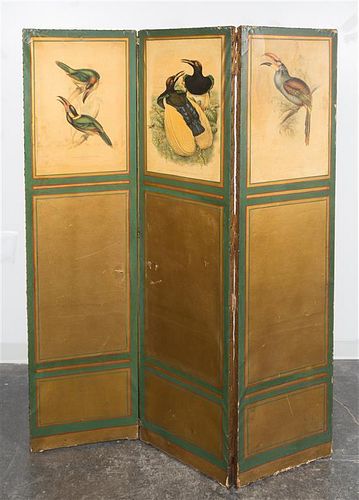 A Victorian Style Painted Floor Screen Height 65 3/4 x width of each panel 17 inches.