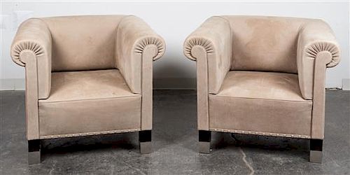 A Pair of Suede Upholstered Club Chairs Height 30 x width 37 x depth 29 1/2 inches.