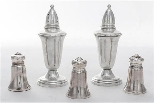 * A Group of Five American Silver Casters, various makers, comprising a weighted pair and three smaller examples.