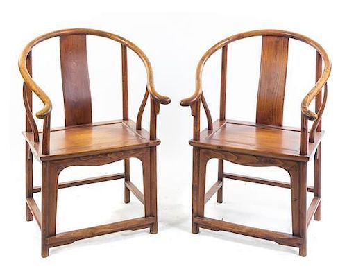 A Pair of Chinese Elm Armchairs Height 39 1/2 inches.