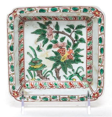 A Green and Red Decorated Porcelain Square Dish. Length 5 1/2 inches.