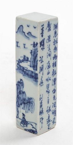 A Blue and White Porcelain Seal Height 4 1/2 inches.