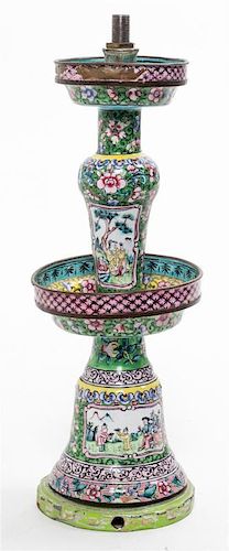 A Canton Enamel Candlestick Height 9 3/4 inches.
