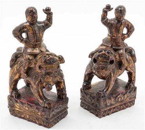A Pair of Gilt and Red Lacquered Wood Figures Height 10 1/4 inches.