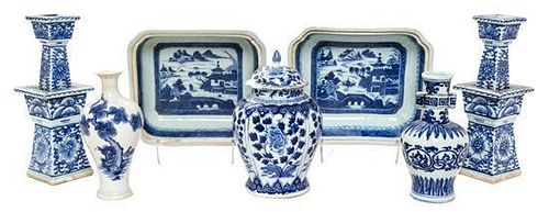 A Group of Ten Blue and White Porcelain Articles Height of tallest 10 1/2 inches.