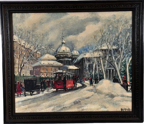 WINTER STREET IN THE CITY  OIL PAINTING