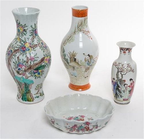 A Group of Four Famille Rose Porcelain Articles Height of tallest 13 1/2 inches.