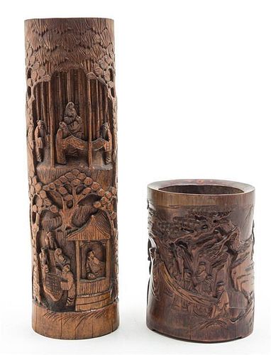 Two Carved Bamboo Brush Pots Height of taller 14 inches.